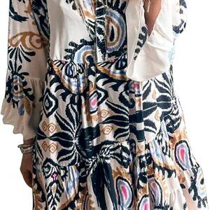 Womens Summer Dress Casual V Neck Buttoned 3/4 Sleeve Bohemian Tribal Print Flow
